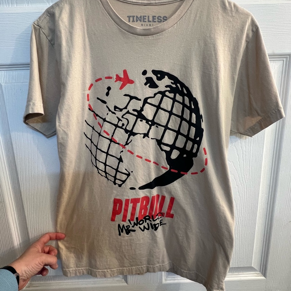 Pitbull Mr. Worldwide Timeless Men's Beige Graphic Tee Size Medium Miami Music